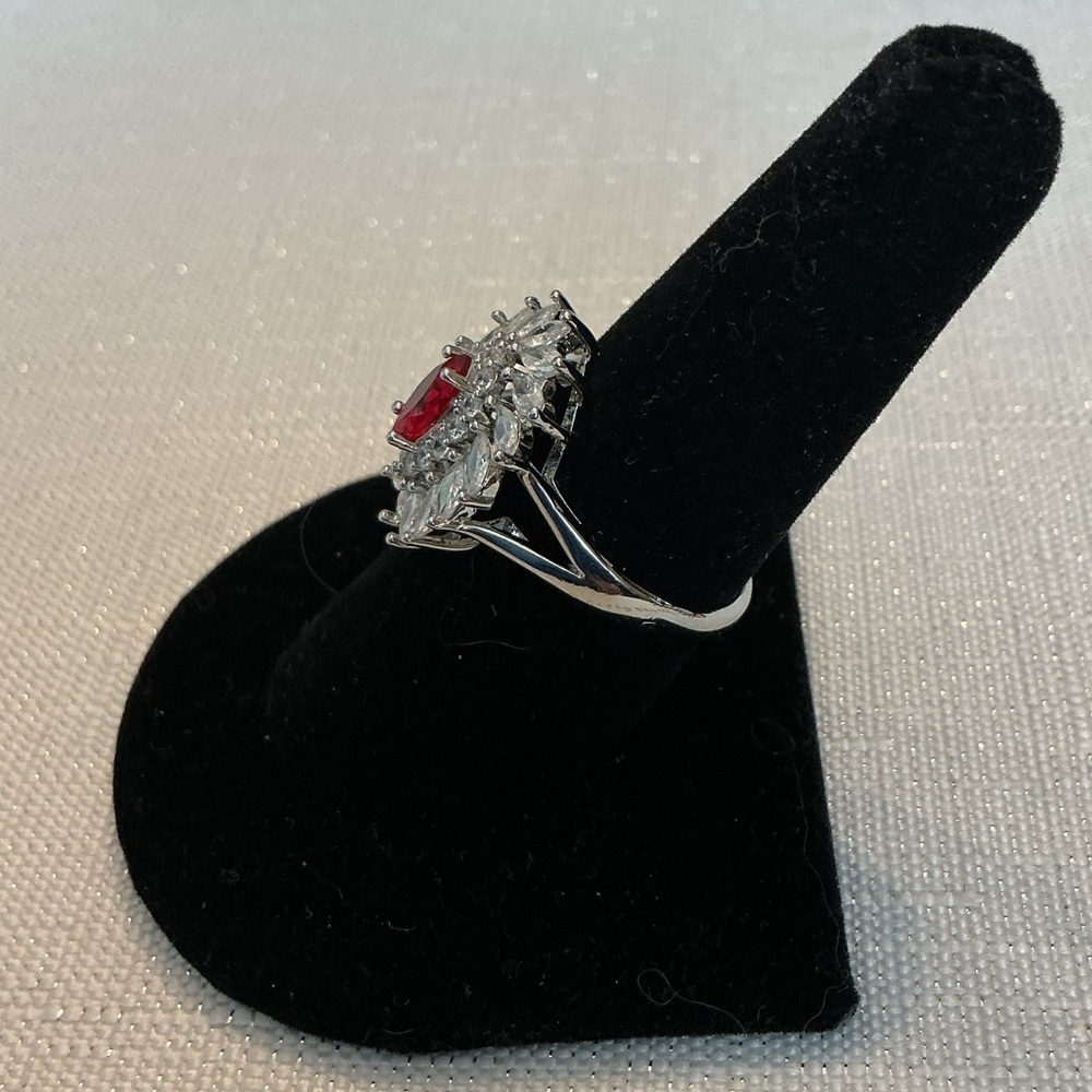 Sterling Silver Ring with Marquise Ruby-Center and Clear Crystal Halo - Picture 2 of 4